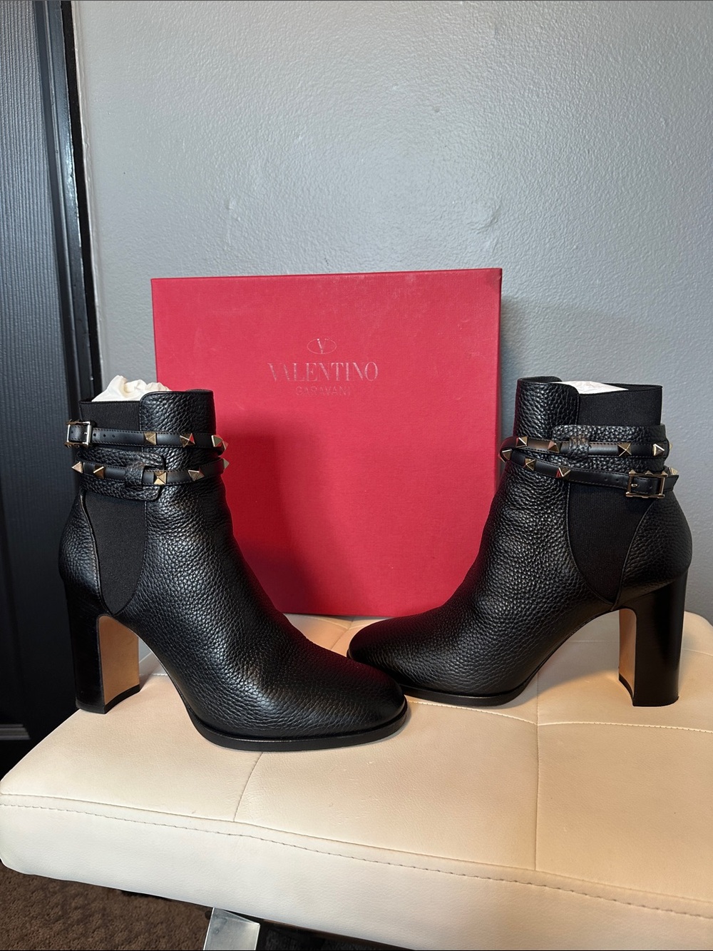 Valentino Black Pebbled Leather Rockstud Strap Ankle Boots